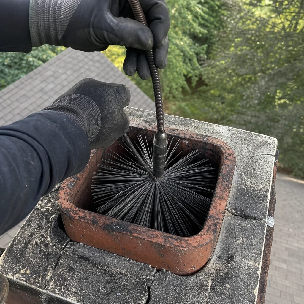 Professional chimney sweep cleaning a chimney flue with a wire brush.