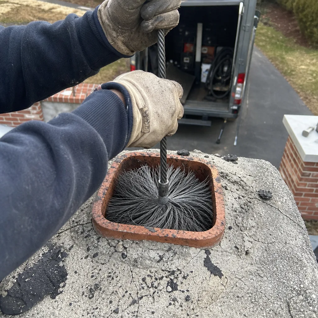Professional chimney sweep cleaning a fireplace flue with a wire brush.