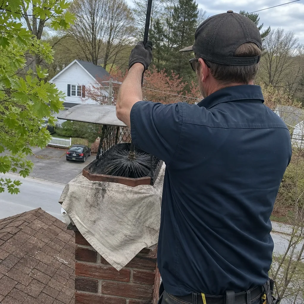 Professional chimney sweep cleaning a residential chimney stack from the roof