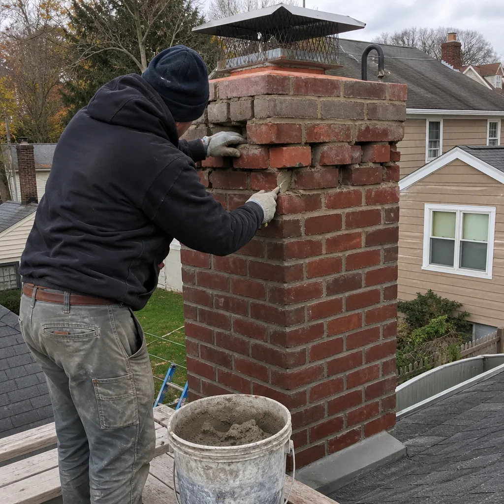 A professional performing expert brick chimney masonry repair and repointing.