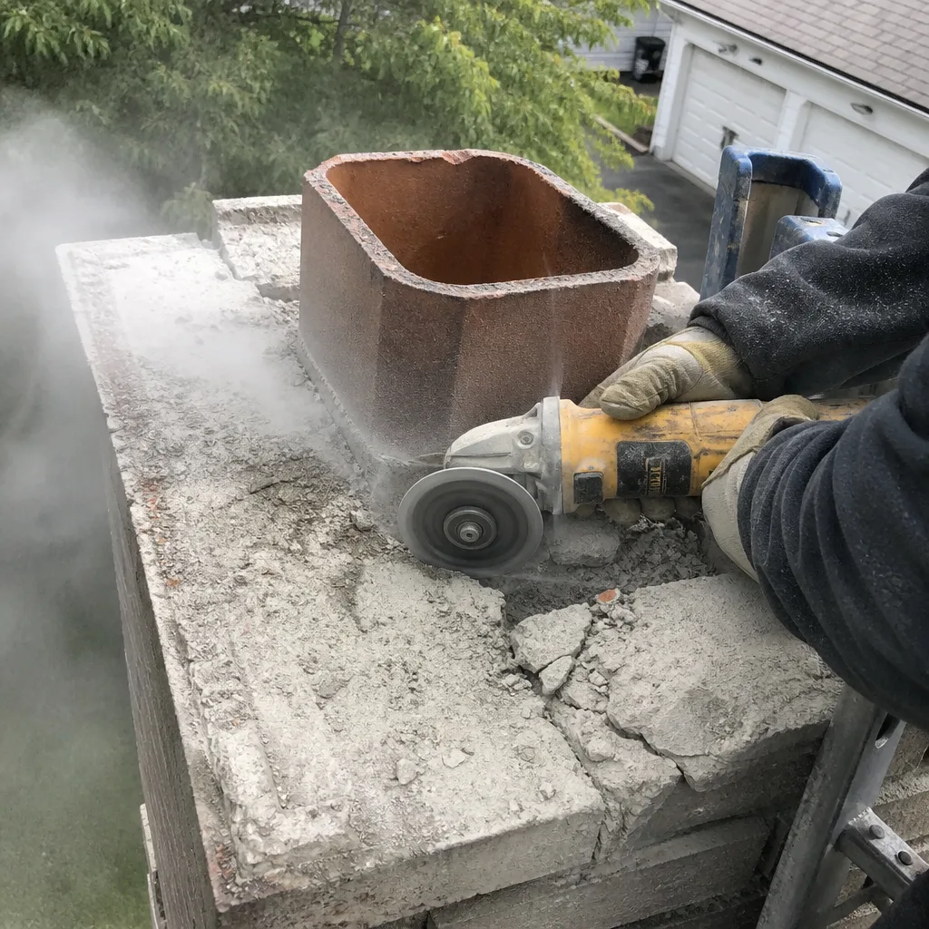 Professional contractor performing masonry chimney crown repair with power tools