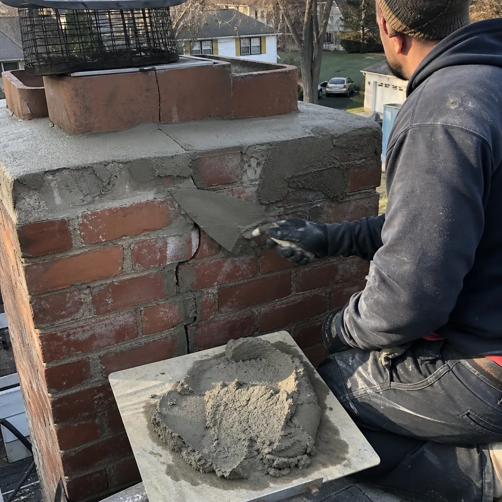 A professional technician repairing the brickwork on a residential chimney.