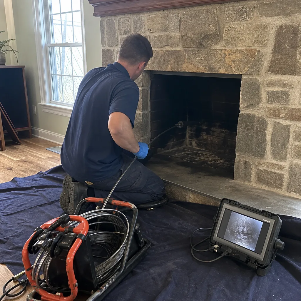 Professional chimney sweep performing a fireplace inspection with a camera system.