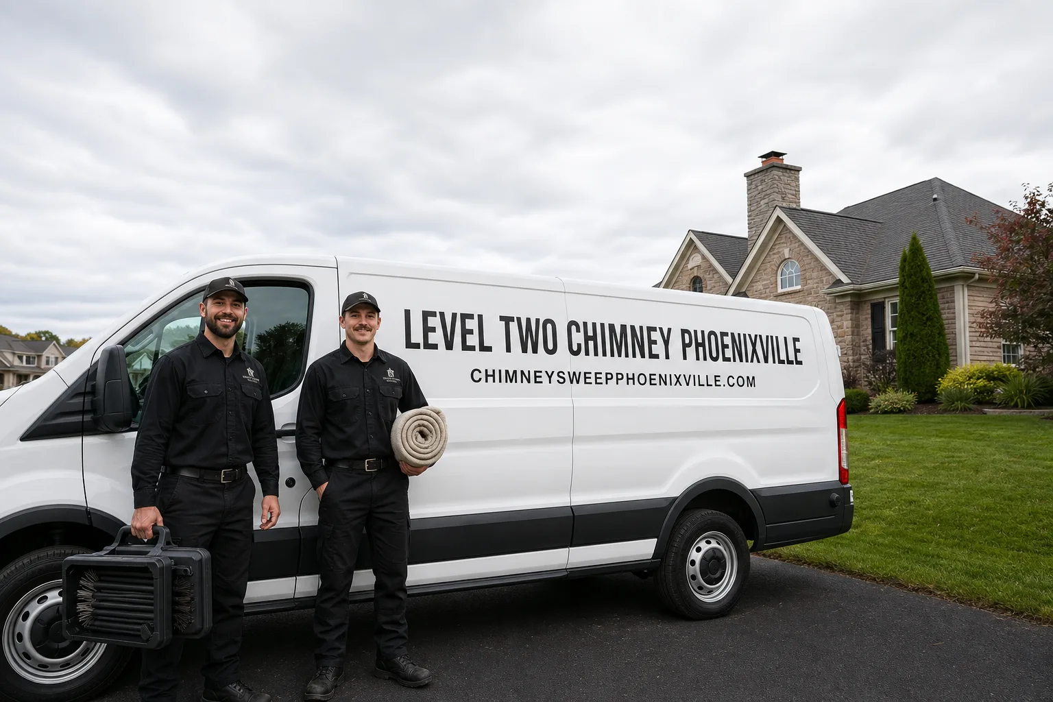 Level Two Chimney Phoenixville chimney cleaning service vehicle and crew in Phoenixville, PA